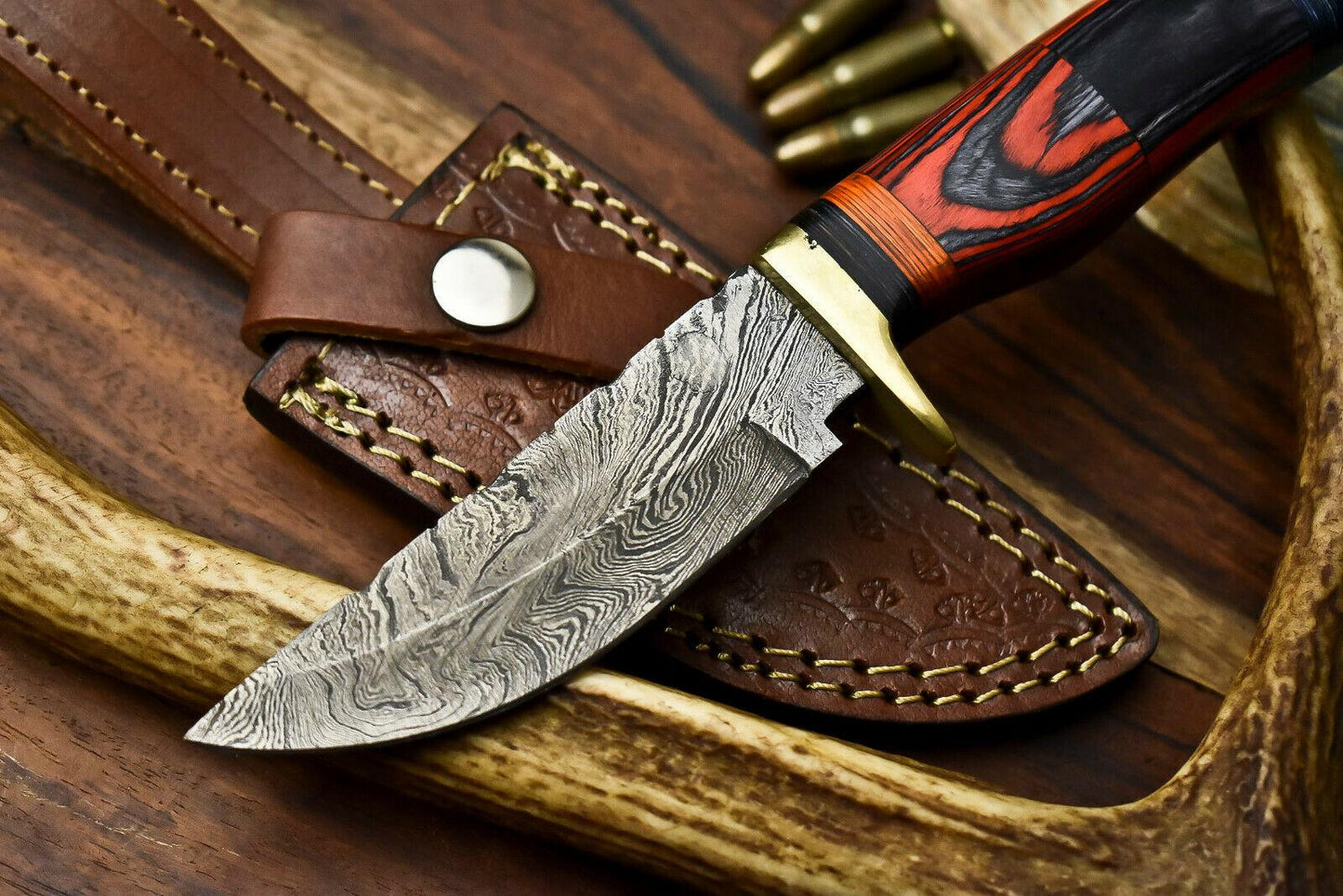 Rare Handmade Damascus Steel Hunting Knife with Hardwood Handle