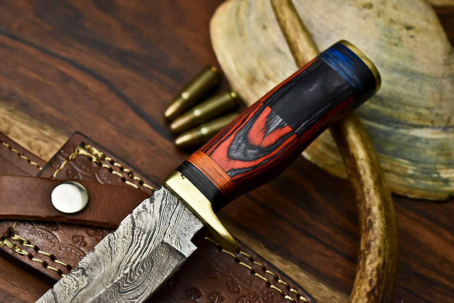 Rare Handmade Damascus Steel Hunting Knife with Hardwood Handle