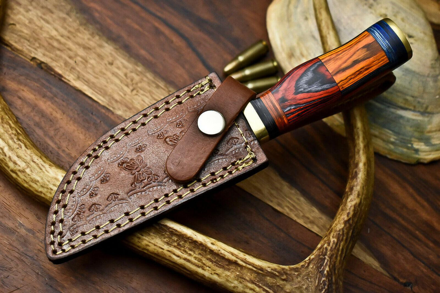 Rare Handmade Damascus Steel Hunting Knife with Hardwood Handle