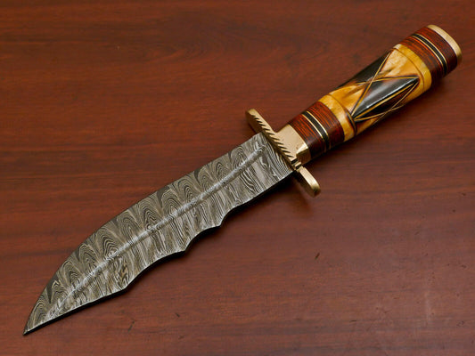Heritage Forge 12 Inch Damascus Steel Bowie Hunting Knife with Camel Bone and Pakka Wood Handle