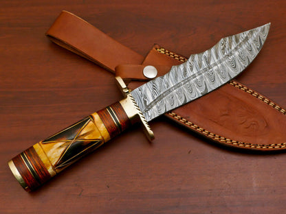Heritage Forge 12 Inch Damascus Steel Bowie Hunting Knife with Camel Bone and Pakka Wood Handle