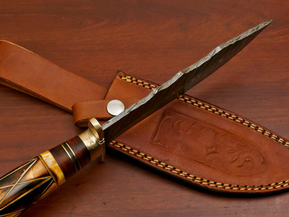 Heritage Forge 12 Inch Damascus Steel Bowie Hunting Knife with Camel Bone and Pakka Wood Handle