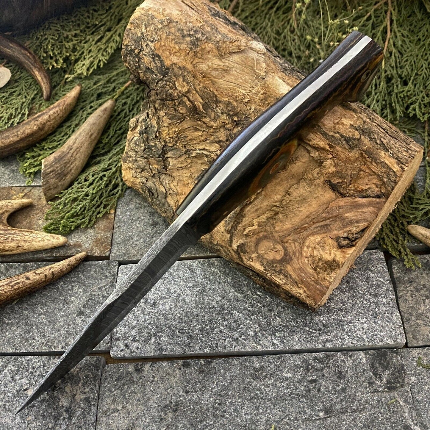 Custom Hand Forged Damascus Steel EDC Bowie Hunting Knife | Micarta Handle | Leather Sheath