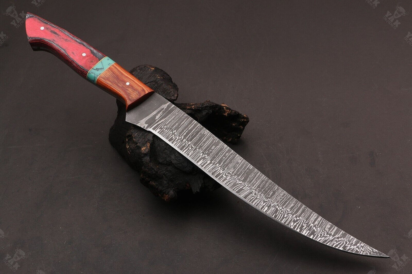 13.5" Hand Forged Fire Damascus Steel Fillet Knife For Kitchen Use Best Fillet Knife W/Sheath