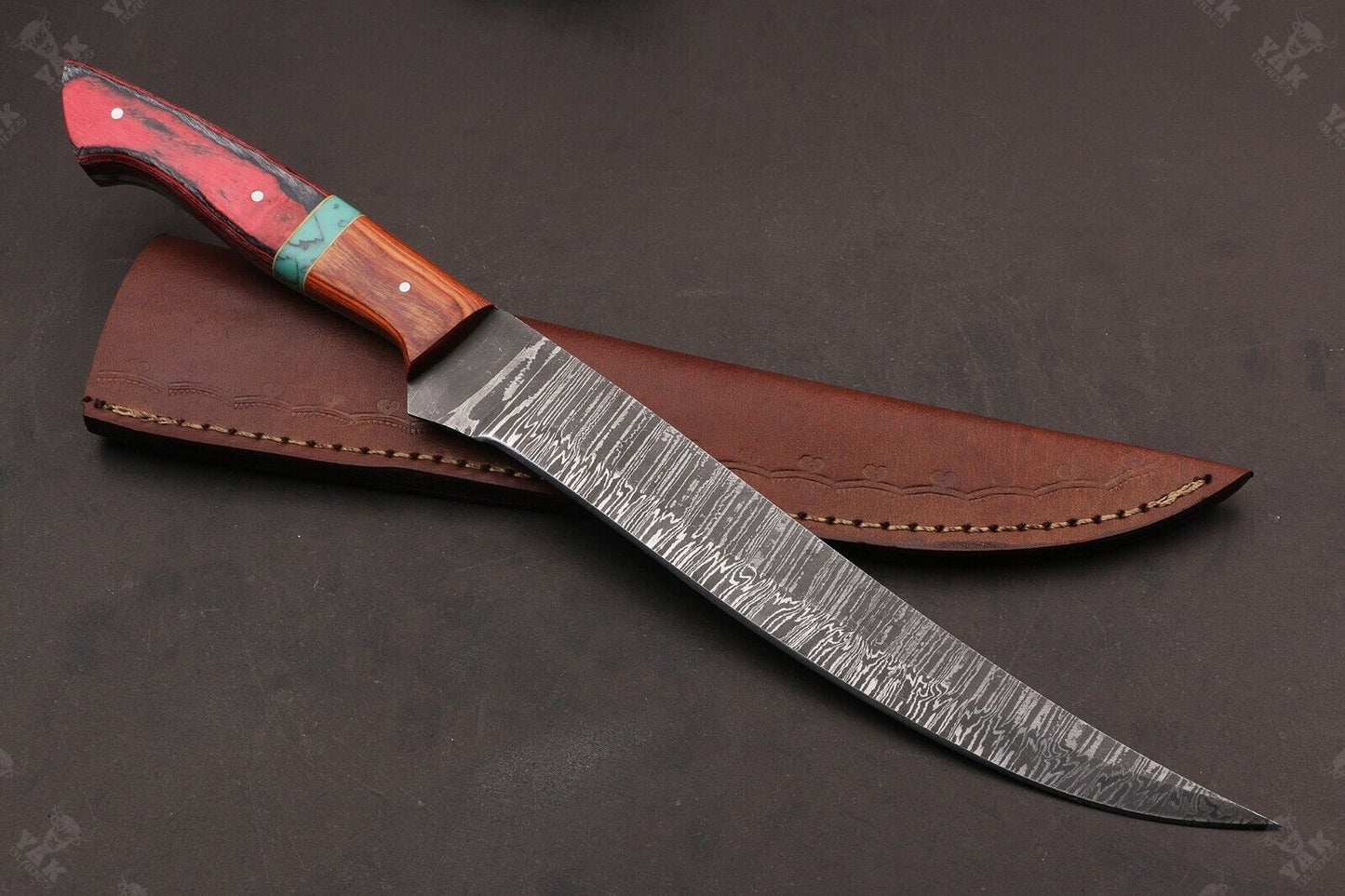 13.5" Hand Forged Fire Damascus Steel Fillet Knife For Kitchen Use Best Fillet Knife W/Sheath