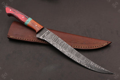 13.5" Hand Forged Fire Damascus Steel Fillet Knife For Kitchen Use Best Fillet Knife W/Sheath