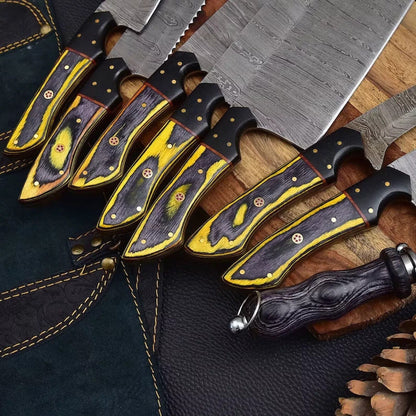 8-Piece Handmade Damascus Steel Chef Knife Set with Rosewood Handle & Leather Roll Bag