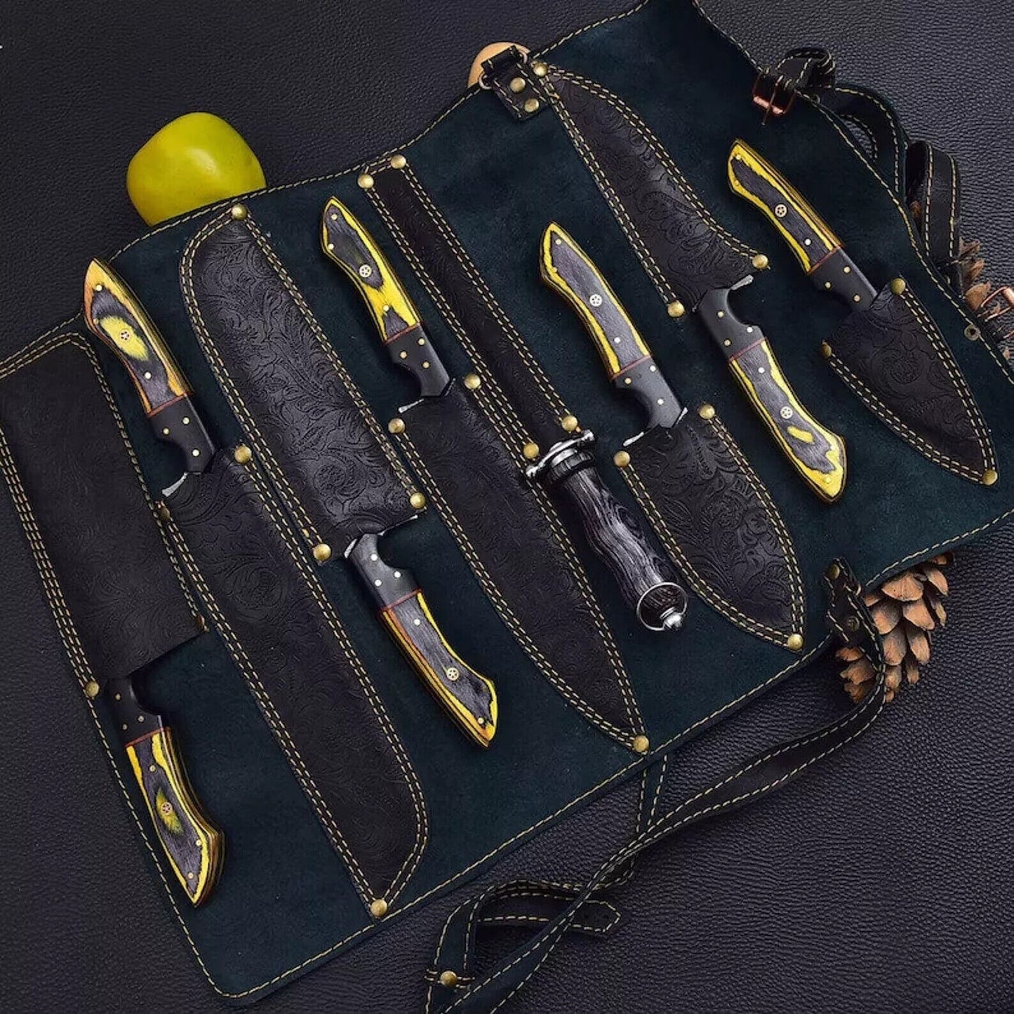 8-Piece Handmade Damascus Steel Chef Knife Set with Rosewood Handle & Leather Roll Bag