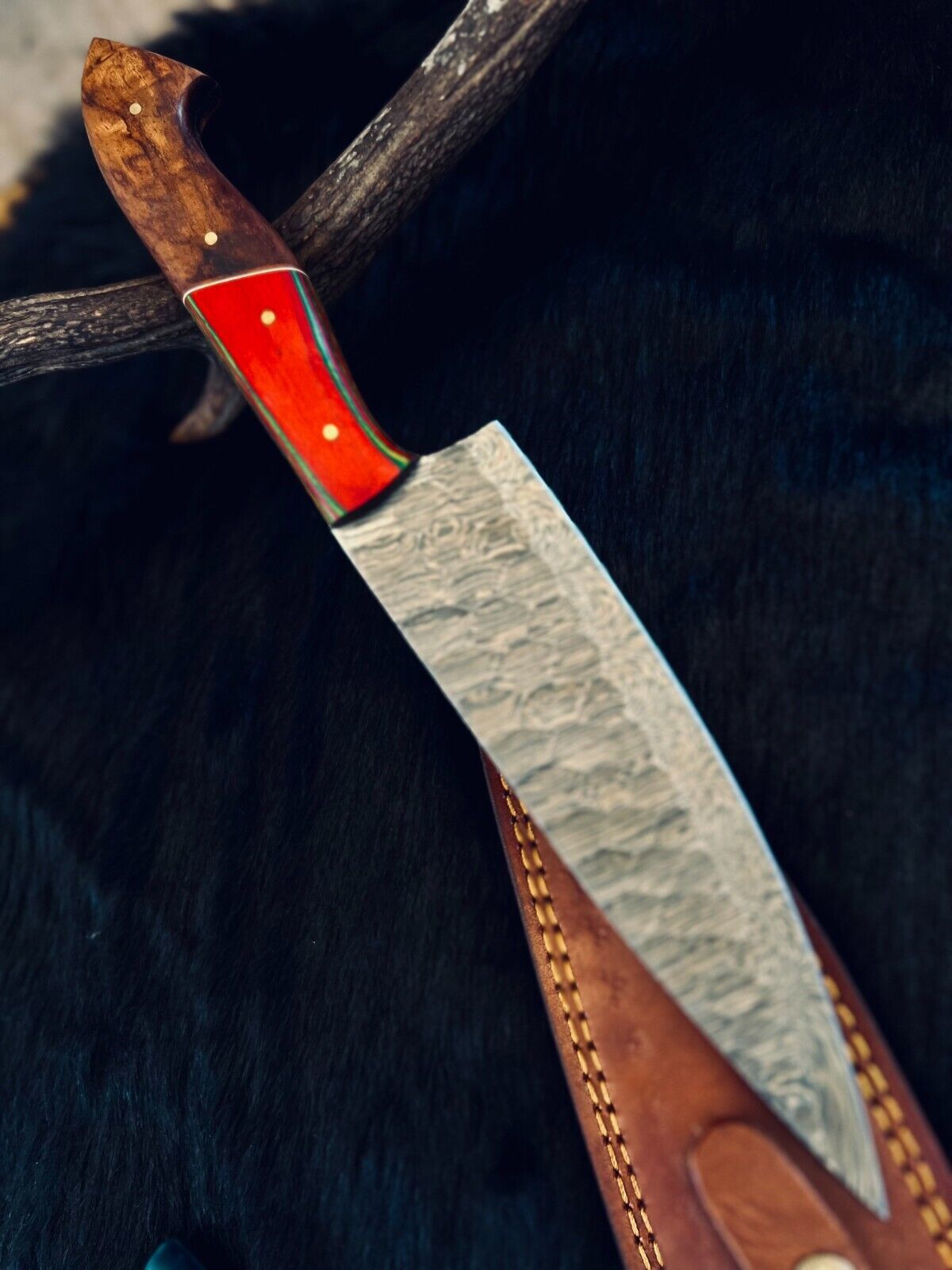 13" Custom Handmade Fire Damascus Steel Santoku Chef Knife | Kitchen Cooking Knife
