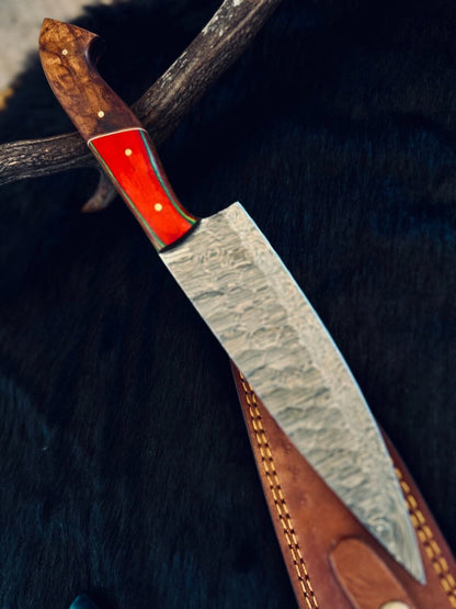 13" Custom Handmade Fire Damascus Steel Santoku Chef Knife | Kitchen Cooking Knife