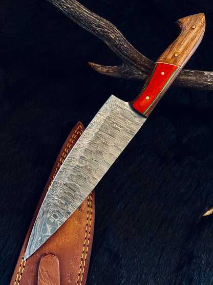 13" Custom Handmade Fire Damascus Steel Santoku Chef Knife | Kitchen Cooking Knife