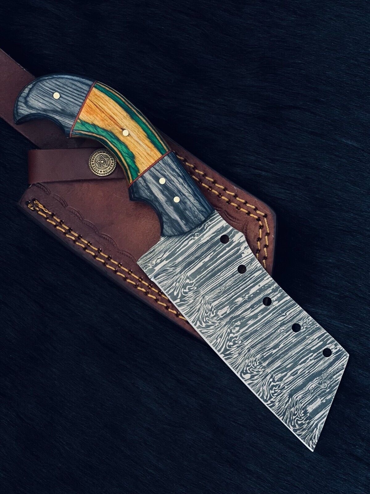 Heritage Forge 9.5 Inch Twist Damascus Cleaver Hunting Knife with Camel Bone and Wood Handle