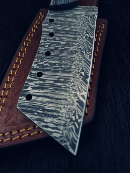 Heritage Forge 9.5 Inch Twist Damascus Cleaver Hunting Knife with Camel Bone and Wood Handle