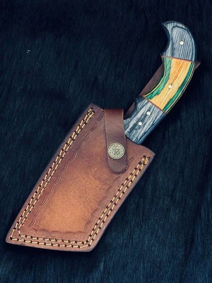 Heritage Forge 9.5 Inch Twist Damascus Cleaver Hunting Knife with Camel Bone and Wood Handle
