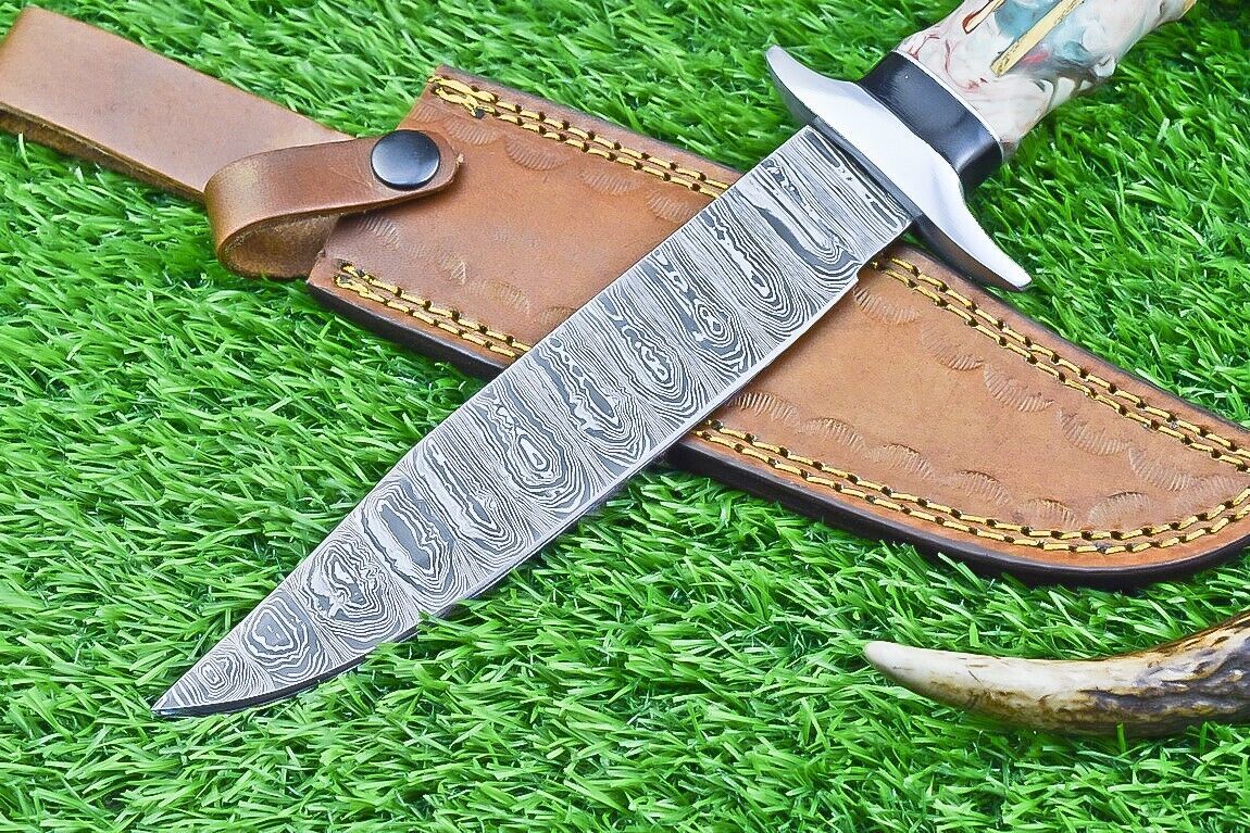 12 Inch Damascus Steel Bowie Knife with Resin Handle for Hunting and Camping