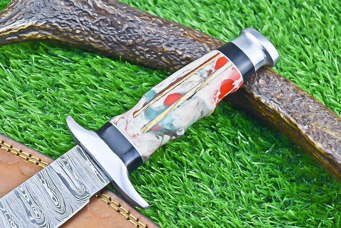 12 Inch Damascus Steel Bowie Knife with Resin Handle for Hunting and Camping