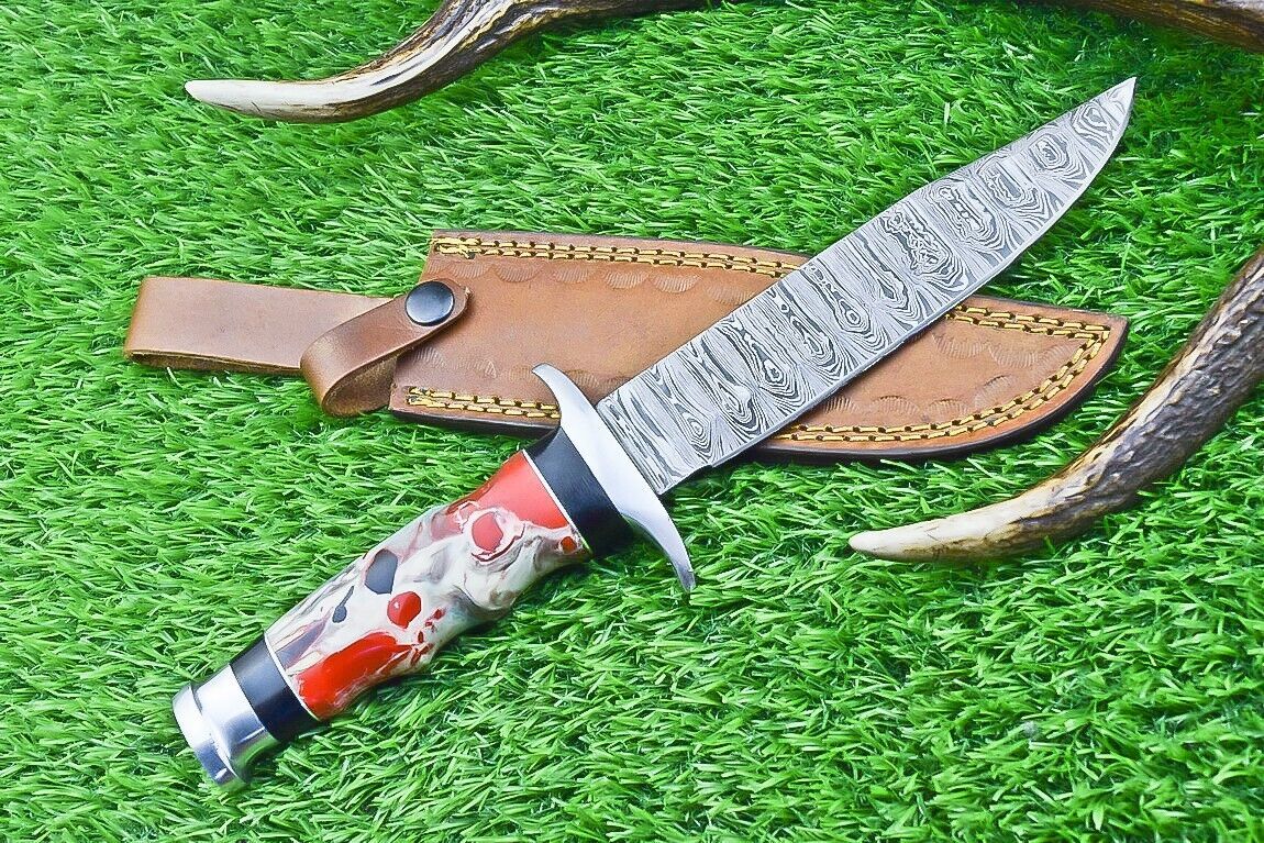 12 Inch Damascus Steel Bowie Knife with Resin Handle for Hunting and Camping