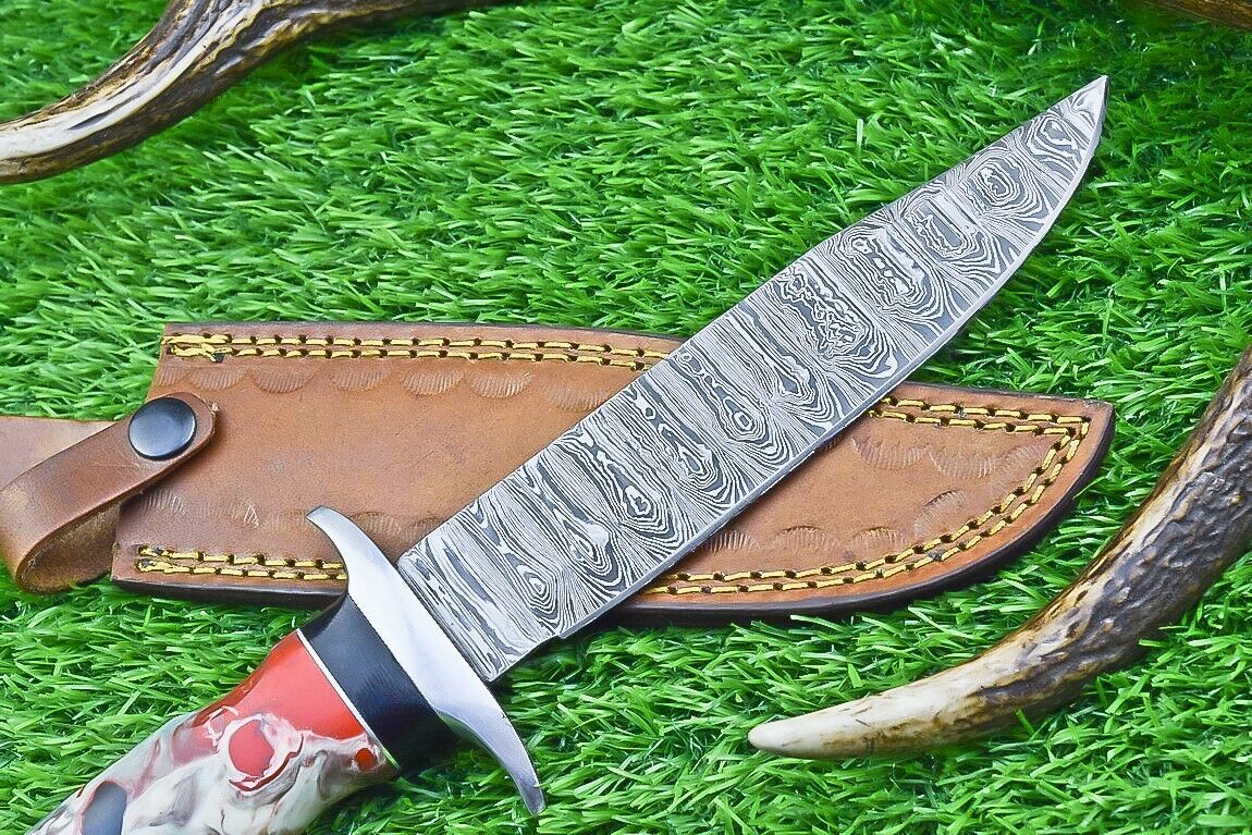 12 Inch Damascus Steel Bowie Knife with Resin Handle for Hunting and Camping