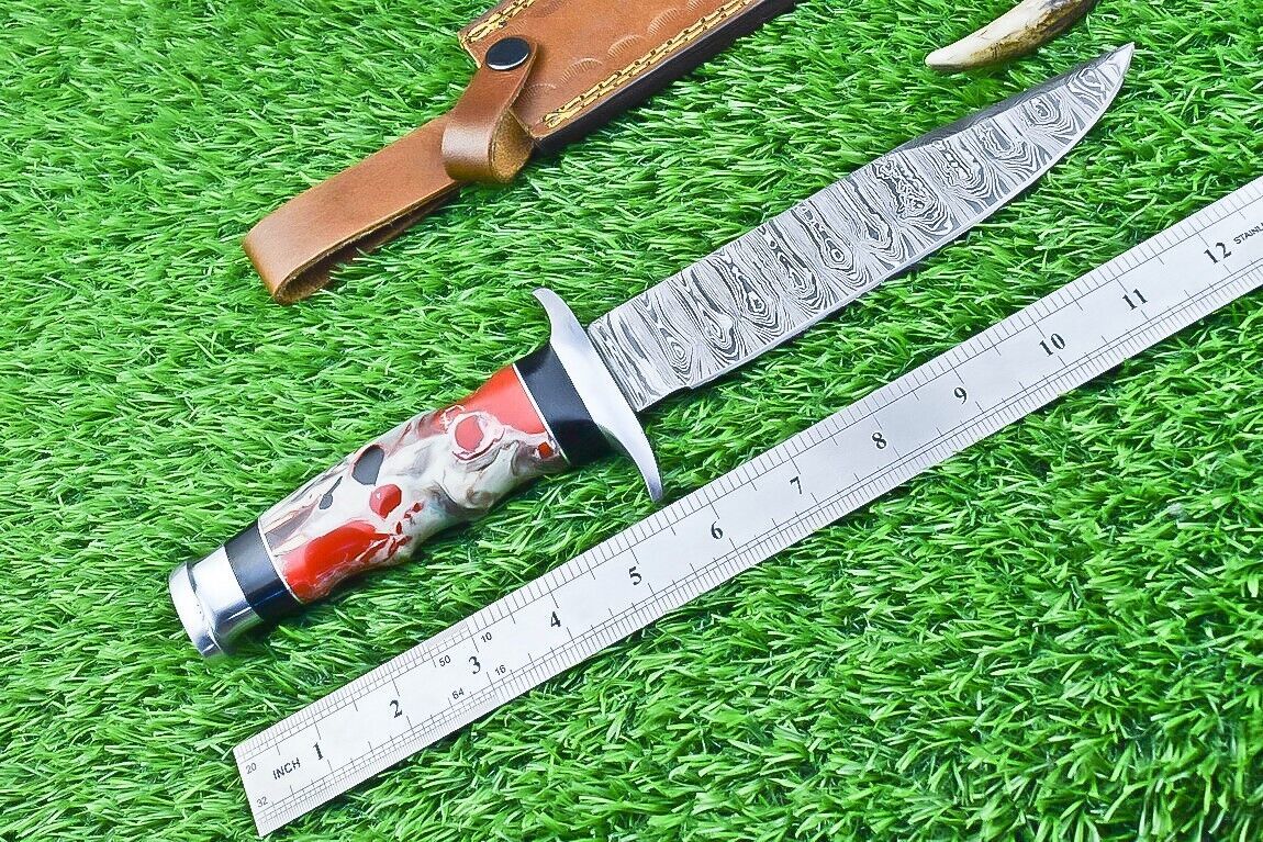 12 Inch Damascus Steel Bowie Knife with Resin Handle for Hunting and Camping