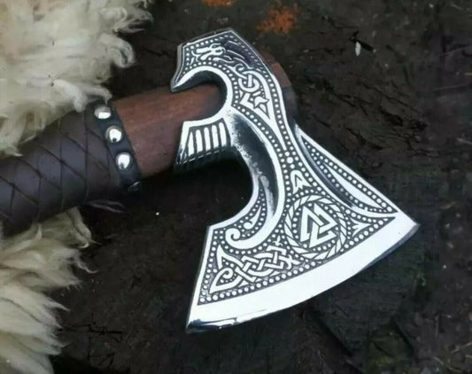 Authentic Wrap Rose Wood Nordic Viking Axe – Hand Forged Damascus Viking Hatchet with Leather Sheath