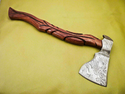 Custom Hand Forged Damascus Steel Tomahawk Axe Knife With Carved Burl Wood Handle