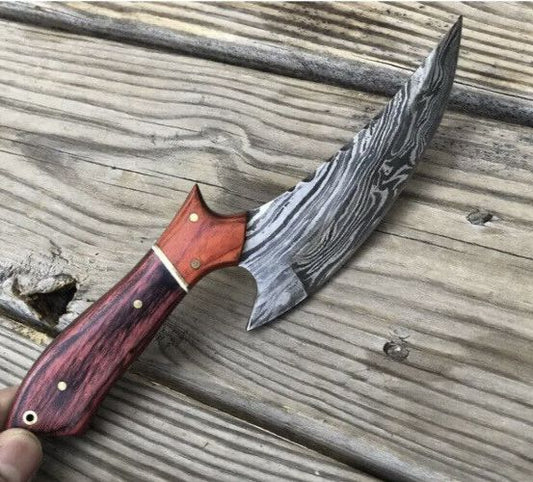 Fire Pattern Damascus Hunting Skinner Knife – Wood Handle with Leather Sheath for EDC & Outdoors