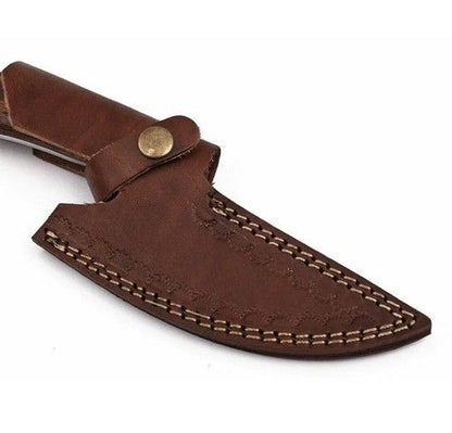Fire Pattern Damascus Hunting Skinner Knife – Wood Handle with Leather Sheath for EDC & Outdoors