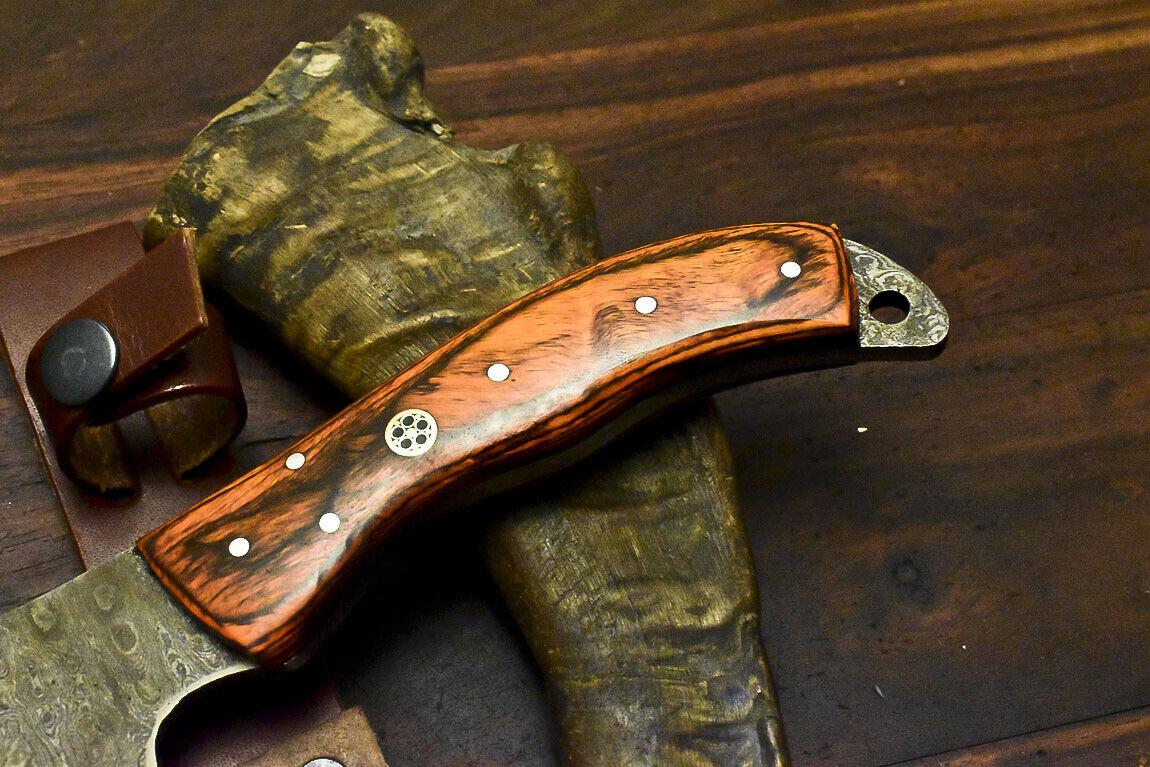 Hand Forged Damascus Steel Hardwood Hunting Clever Chopper Axe Knife with Leather Sheath