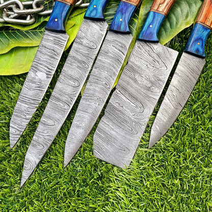 Lot of 5 Handmade Damascus Steel Full Tang Kitchen Chef Knife Set – Premium Hardwood Handle EDC Knives