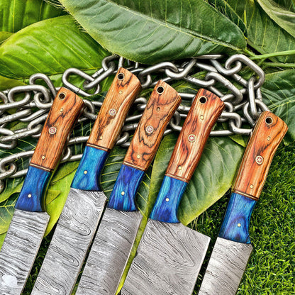 Lot of 5 Handmade Damascus Steel Full Tang Kitchen Chef Knife Set – Premium Hardwood Handle EDC Knives