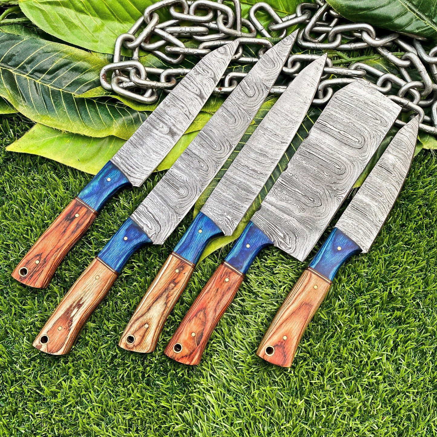 Lot of 5 Handmade Damascus Steel Full Tang Kitchen Chef Knife Set – Premium Hardwood Handle EDC Knives