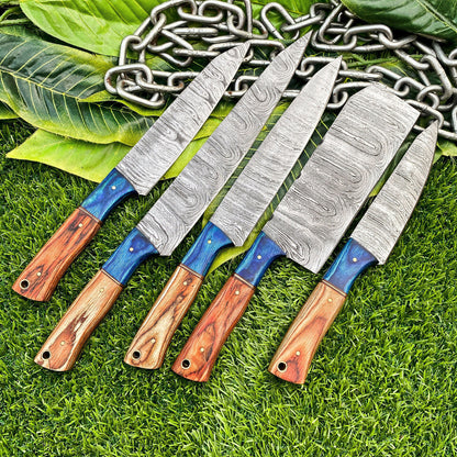 Lot of 5 Handmade Damascus Steel Full Tang Kitchen Chef Knife Set – Premium Hardwood Handle EDC Knives