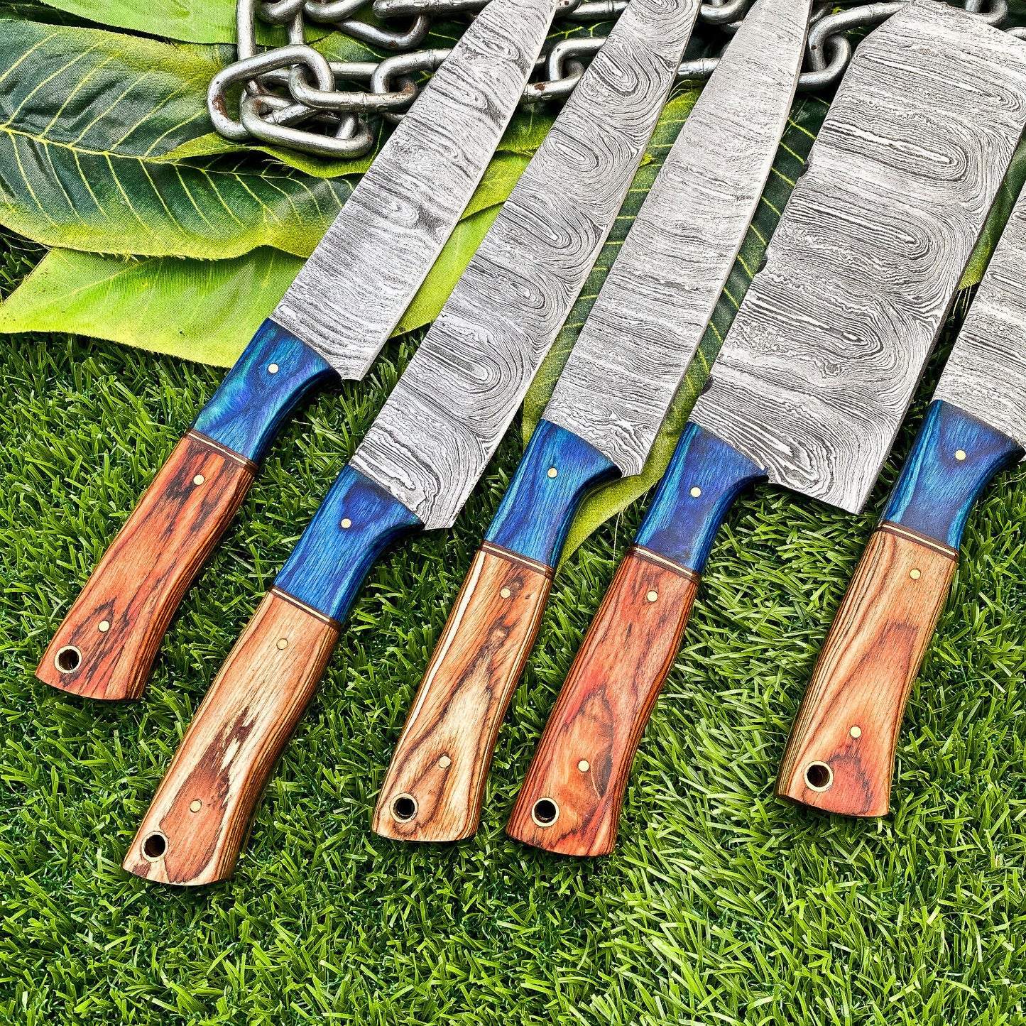 Lot of 5 Handmade Damascus Steel Full Tang Kitchen Chef Knife Set – Premium Hardwood Handle EDC Knives