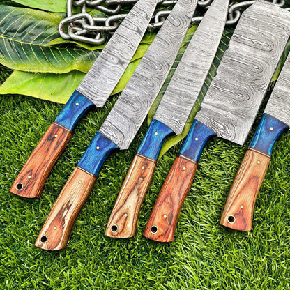 Lot of 5 Handmade Damascus Steel Full Tang Kitchen Chef Knife Set – Premium Hardwood Handle EDC Knives
