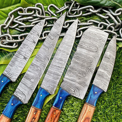 Lot of 5 Handmade Damascus Steel Full Tang Kitchen Chef Knife Set – Premium Hardwood Handle EDC Knives