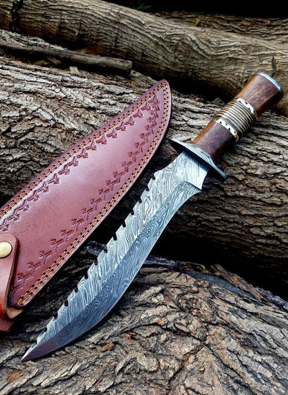 Heritage Forge 15 Inch Full Tang Damascus Steel Bowie Knife with Wood and Stag Handle and Leather Sheath