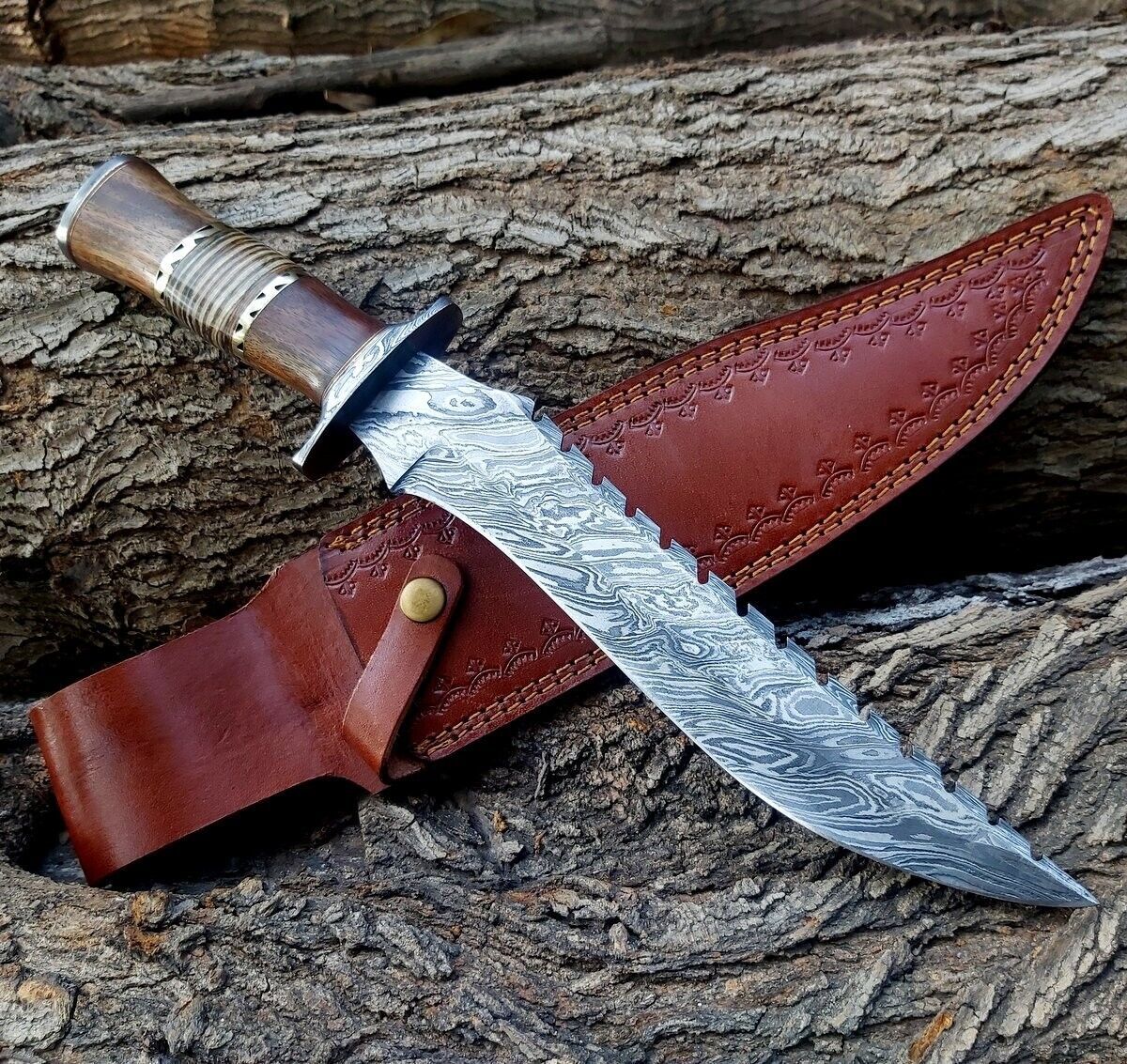 Heritage Forge 15 Inch Full Tang Damascus Steel Bowie Knife with Wood and Stag Handle and Leather Sheath