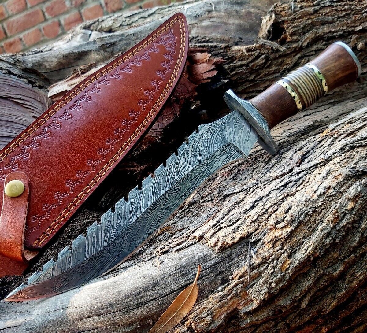 Heritage Forge 15 Inch Full Tang Damascus Steel Bowie Knife with Wood and Stag Handle and Leather Sheath