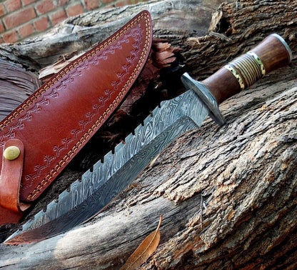 Heritage Forge 15 Inch Full Tang Damascus Steel Bowie Knife with Wood and Stag Handle and Leather Sheath