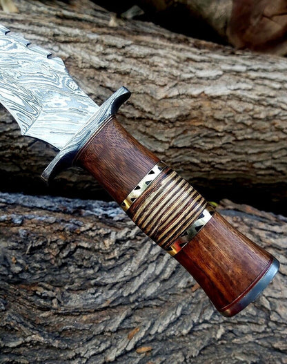 Heritage Forge 15 Inch Full Tang Damascus Steel Bowie Knife with Wood and Stag Handle and Leather Sheath
