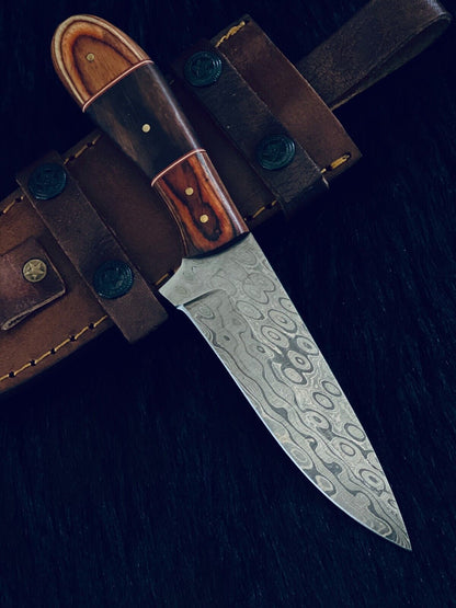 9.5" Rain Drop Damascus Bowie Knife – Camel Bone & Wood Handle