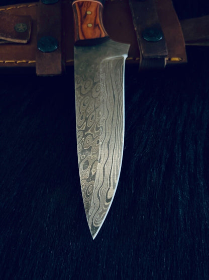 9.5" Rain Drop Damascus Bowie Knife – Camel Bone & Wood Handle