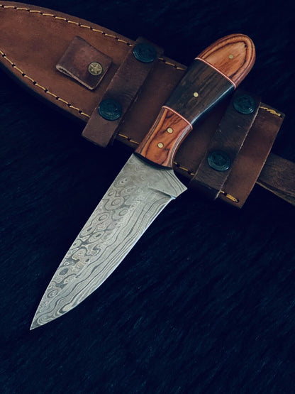 9.5" Rain Drop Damascus Bowie Knife – Camel Bone & Wood Handle