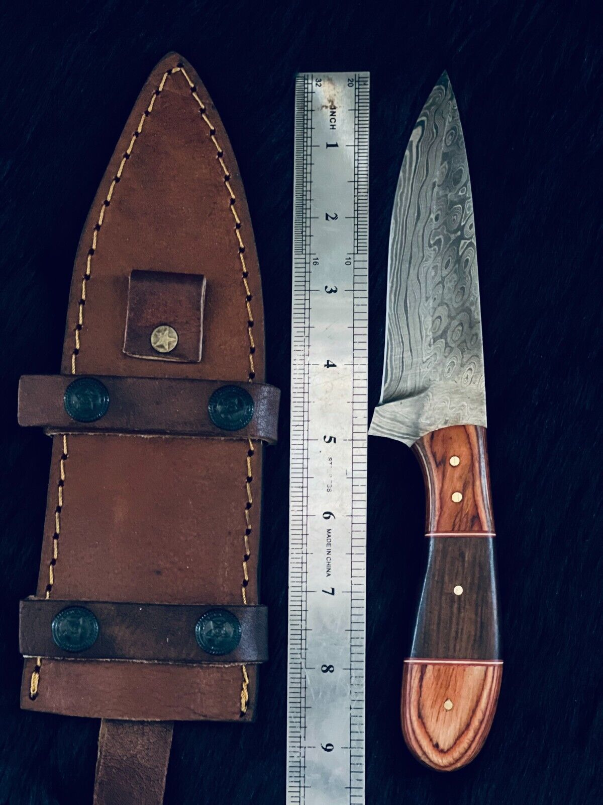 9.5" Rain Drop Damascus Bowie Knife – Camel Bone & Wood Handle