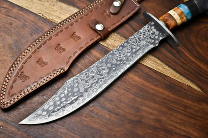 17" Handmade Damascus Steel Hunting Bowie Knife – Camel Bone Handle, Full Tang