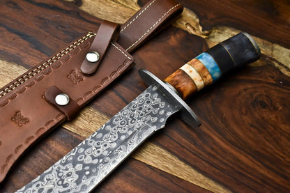 17" Handmade Damascus Steel Hunting Bowie Knife – Camel Bone Handle, Full Tang