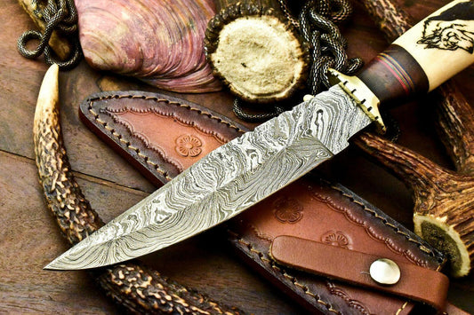 Custom Handmade Damascus Steel Wolf Etched Bowie Hunting Knife | 12" Full Tang with Leather Sheath
