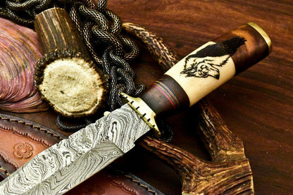 Custom Handmade Damascus Steel Wolf Etched Bowie Hunting Knife | 12" Full Tang with Leather Sheath