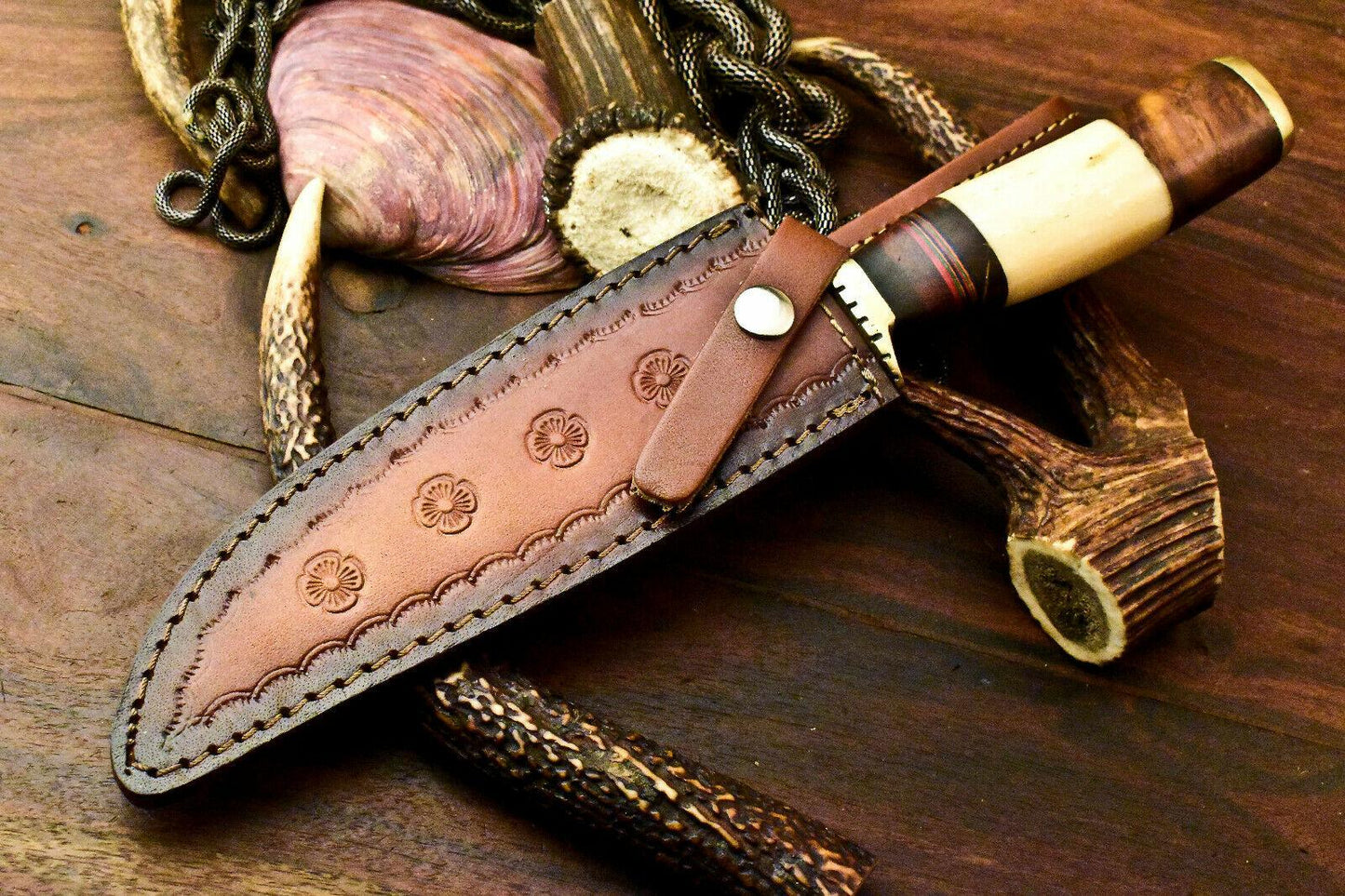Custom Handmade Damascus Steel Wolf Etched Bowie Hunting Knife | 12" Full Tang with Leather Sheath