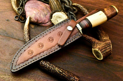 Custom Handmade Damascus Steel Wolf Etched Bowie Hunting Knife | 12" Full Tang with Leather Sheath
